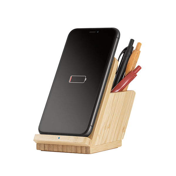 L082 Bamboo Dual Wireless Charger & Pen Holder