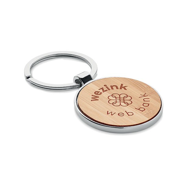 N037 Shaped Metal and Bamboo Key Ring - Engraved